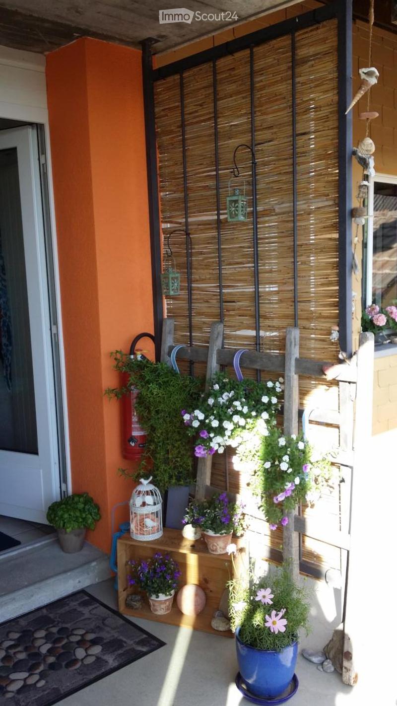 Balcony area with potted plants, a birdcage, and a fire extinguisher, featuring a bamboo railing and a window with an orange wall in the background.