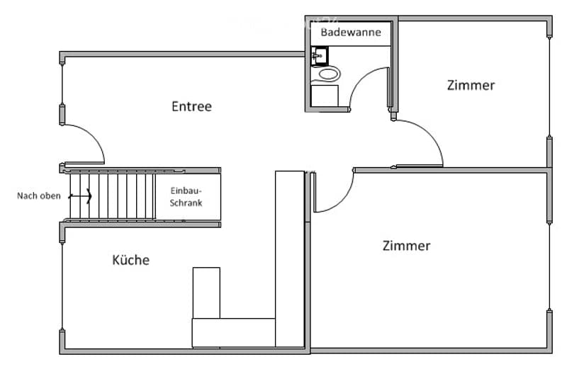 Floor plan showing an entrance, kitchen, built-in closet, two bedrooms, and a bathroom.