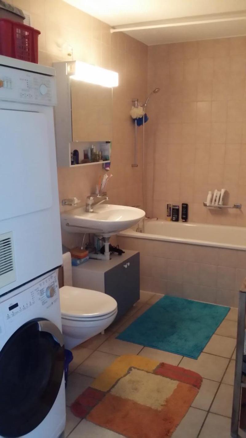 Bathroom with a toilet, sink, shower, towel rack, mirror, cabinet, and washing machine. The floor is tiled, and there are colorful rugs placed near the toilet.