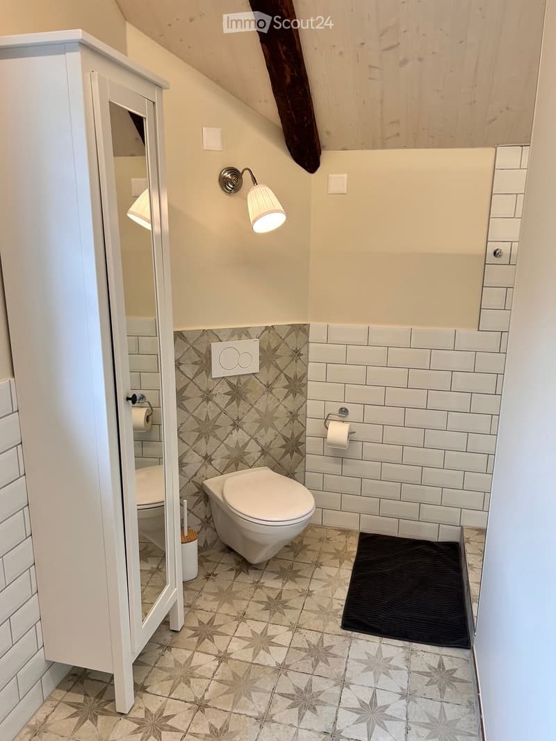 Modern bathroom with white tiles, a toilet, a mirrored cabinet, and a decorative light fixture.