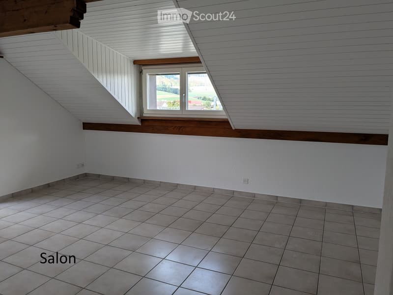 Empty room with tiled floor, white walls, and a large window offering a scenic view. The ceiling features wooden paneling and a skylight.