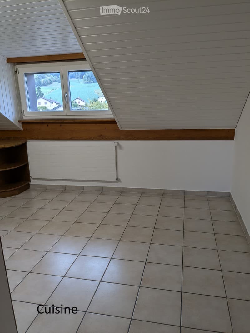 Empty room with tiled floor, white walls, a radiator, and a small wooden shelf. The room has a slanted ceiling and a large window offering a view of the countryside.