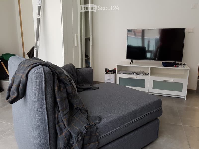 Living room with a grey sofa draped with a blanket, a flat-screen TV on a white cabinet, and a closet in the background.