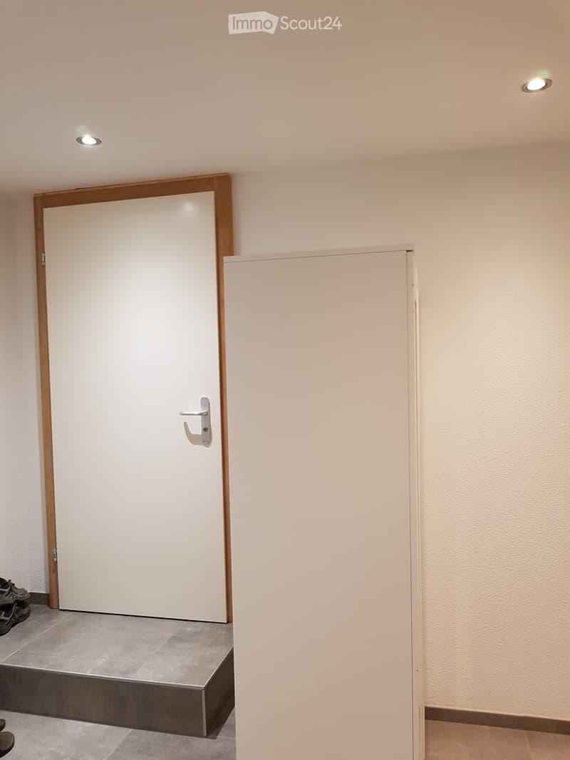 Empty hallway with beige walls, a closed white door, and a small step leading to another room. A pair of shoes is placed near the door.