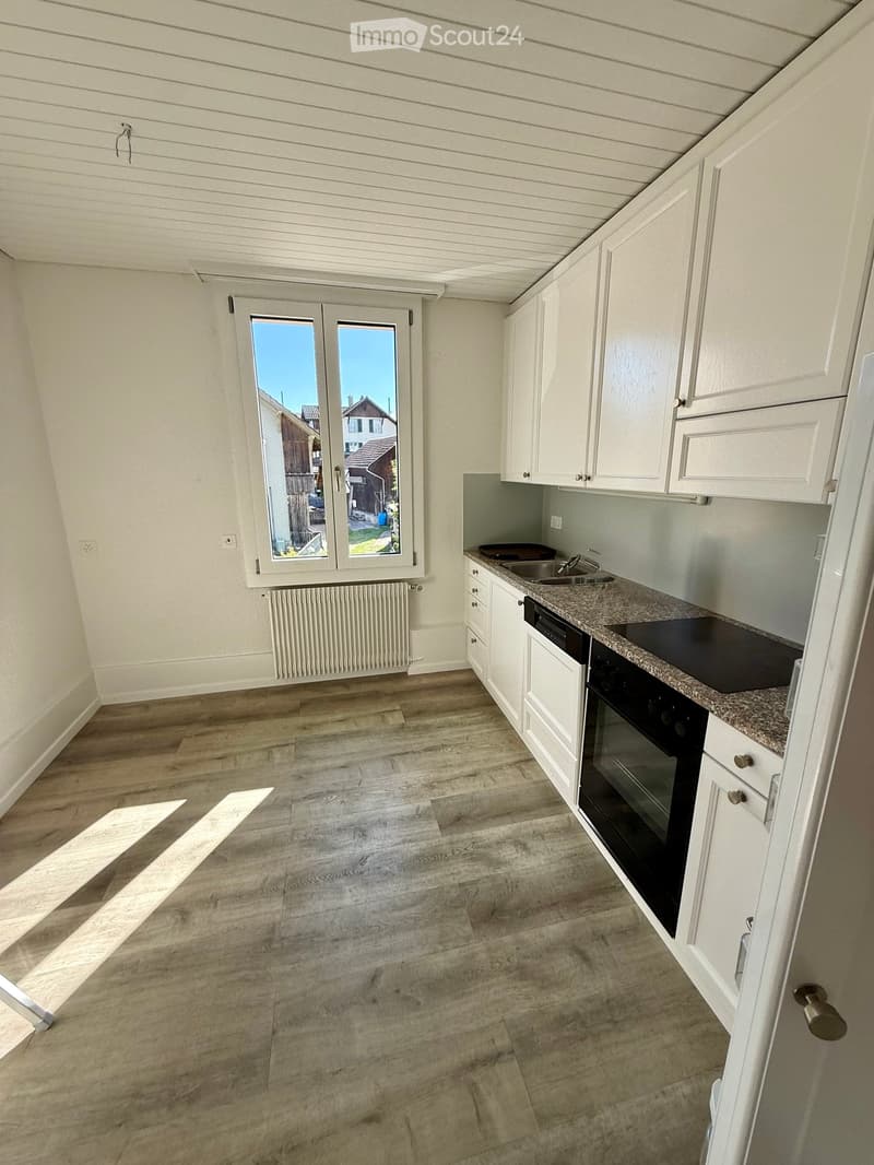 Modern kitchen with white cabinets, granite countertop, sink, and oven. Wooden flooring and large window with view of outdoor area.