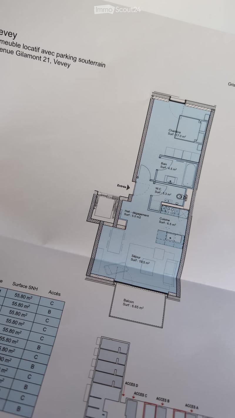 Floor plan of an apartment with living room, kitchen, bedroom, bathroom, hallway, and balcony.