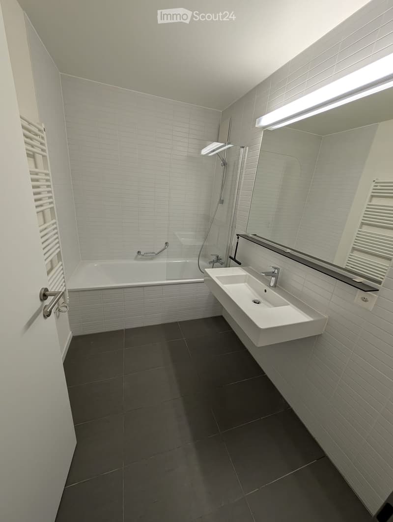 Modern bathroom with a bathtub, double sink, and shower area. Features white tiles, dark floor tiles, and built-in storage.