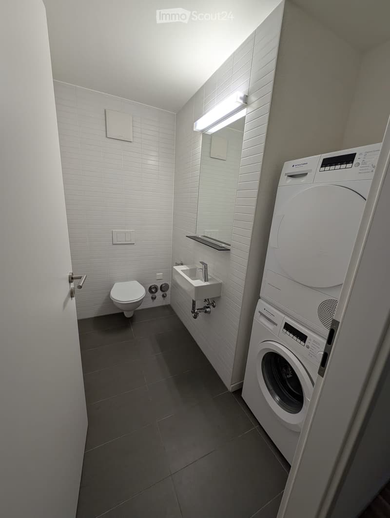 Modern bathroom with white tiled walls, dark tiled floor, toilet, sink, and a private washing machine.