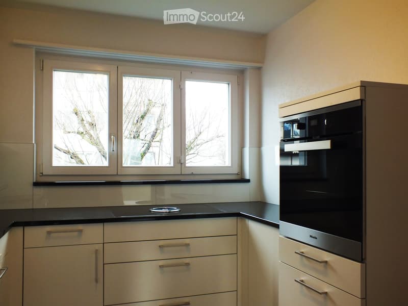 Modern kitchen with white cabinets, black countertop, and built-in oven. Large windows provide natural light.