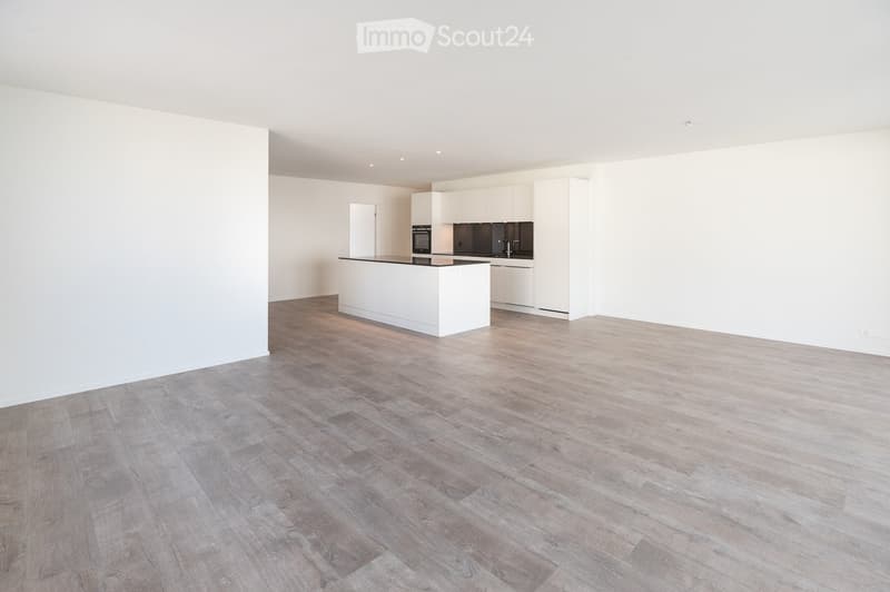 Empty kitchen with white cabinets, black countertop, and light wooden flooring.