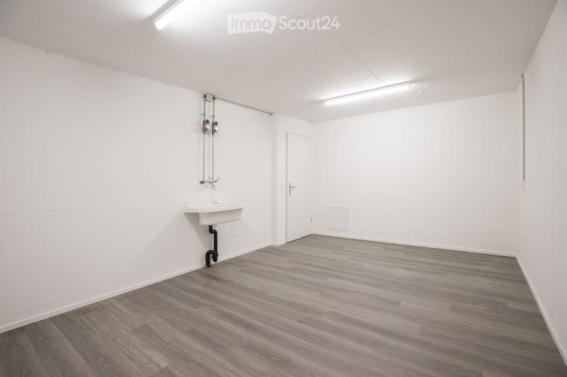 Empty room with white brick walls, grey wooden flooring, a white sink, and a door.