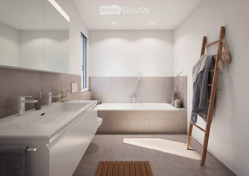 Modern bathroom with a double sink, bathtub, large mirror, and wooden towel ladder. Features include a sleek faucet, decorative vases, and a window allowing natural light.