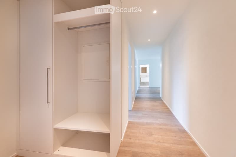 Bright, minimalist hallway with light wooden flooring, white walls, and recessed lighting. Features a built-in closet with shelves and a sliding door.