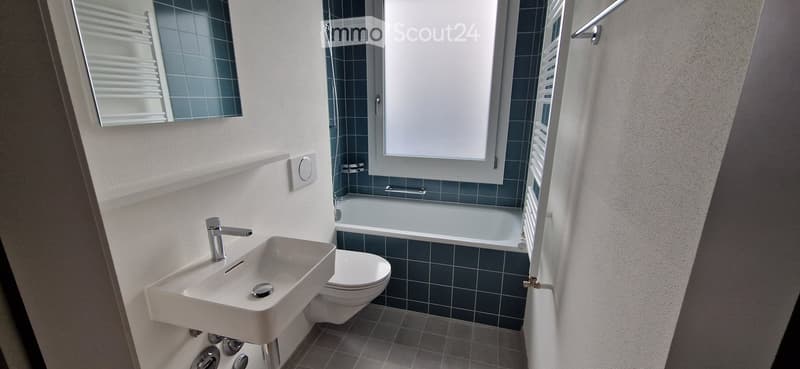 Modern bathroom with a white sink, chrome faucet, toilet, bathtub, and a large window with blinds. The walls are tiled in blue and white, and a mirror is mounted above the sink.