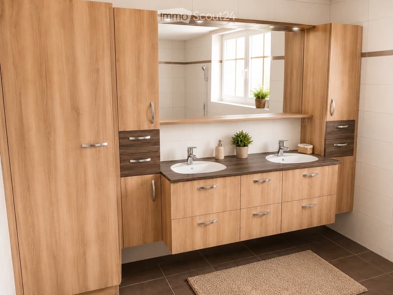Modern bathroom with double sinks, wooden cabinets, a large mirror, and a small plant on the windowsill.