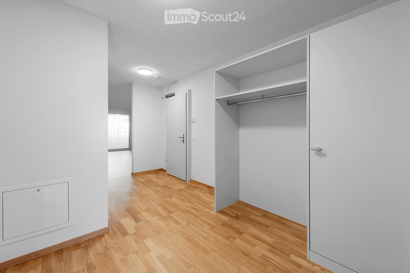 Empty room with light wooden flooring, white walls, and built-in closet with empty shelves and hanging rod.