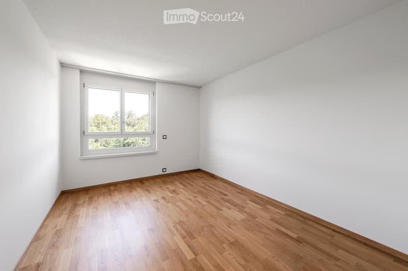 Empty room with white walls, wooden flooring, and a large window with white frame, showing a view of greenery outside.