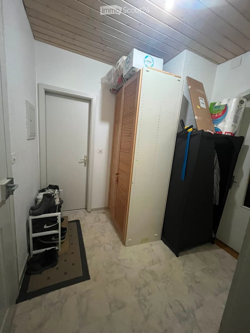A narrow hallway with a tiled floor, white walls, and a wooden closet. A shoe rack with shoes, a black wardrobe, and a cardboard box are visible.