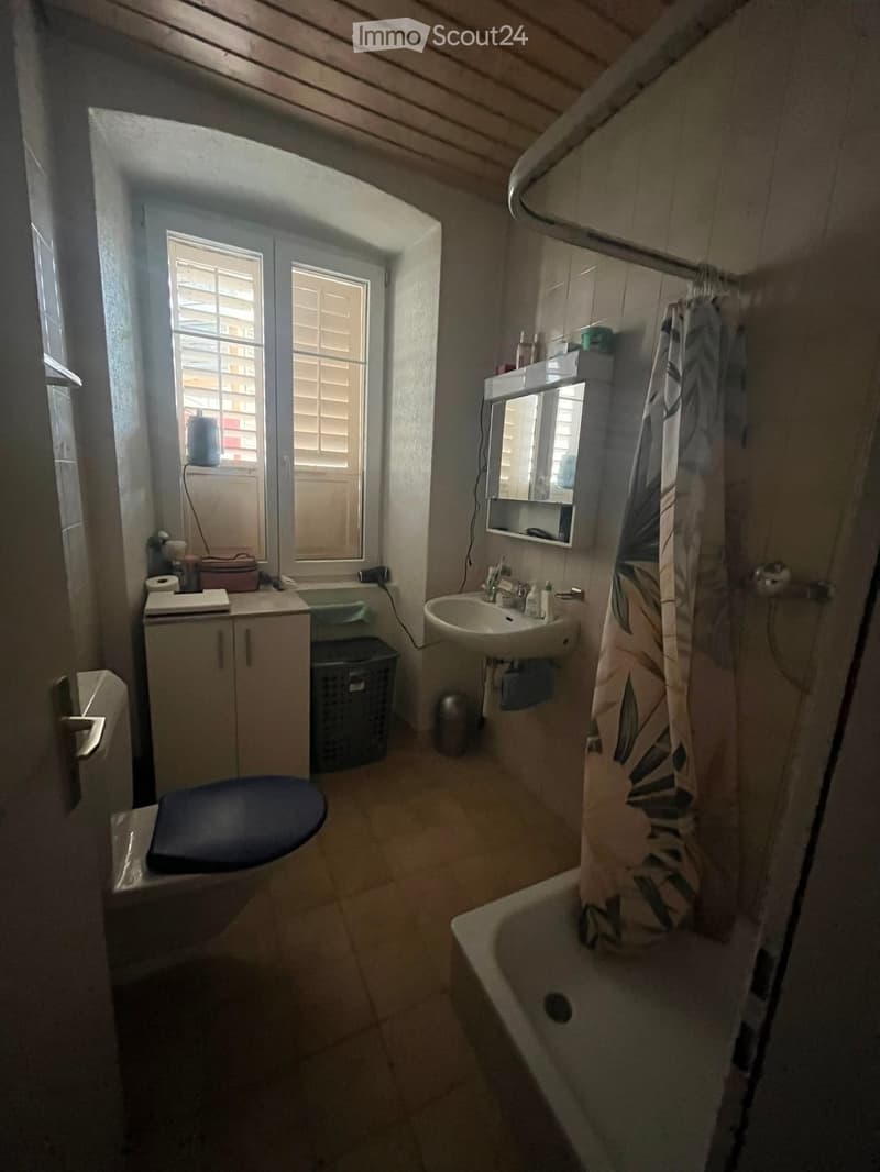 Bathroom with a toilet, sink, bathtub, mirror, and cabinet. The space includes a window with blinds and a shower curtain with a leaf pattern.