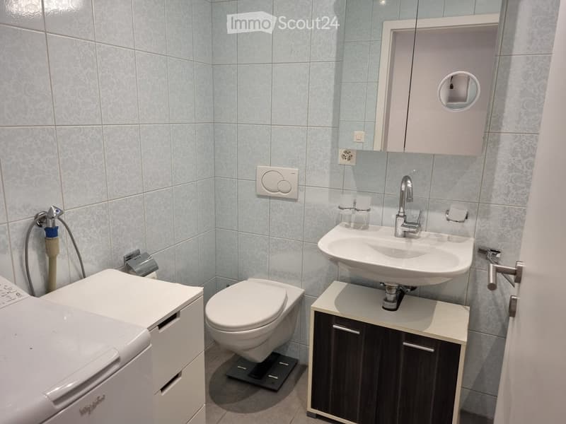 Modern bathroom with light blue tiled walls, a white toilet, a sink with a chrome faucet, a small cabinet, and a mirror above the sink.