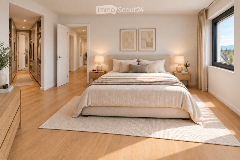 Modern bedroom with a large bed, nightstands, lamps, and a view of the landscape through a large window.