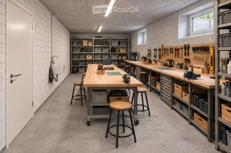 A modern workshop with a large central wooden workbench, multiple stools, a sink with a faucet, and a tool wall with various tools like drills, saws, and screwdrivers. Storage bins and cabinets are visible, along with a vice and a drill press.