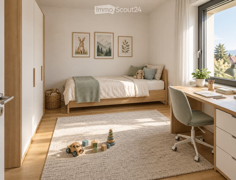 A well-lit, modern bedroom with a bed, desk, chair, and various toys scattered on the floor. The room features large windows with a scenic view, a plant on the windowsill, and artwork on the walls.