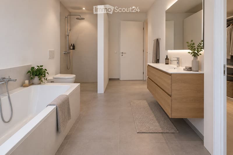 Modern bathroom with a bathtub, toilet, sink, and shower area. Features include a wooden vanity with a mirror, a potted plant, and a towel draped over the bathtub.