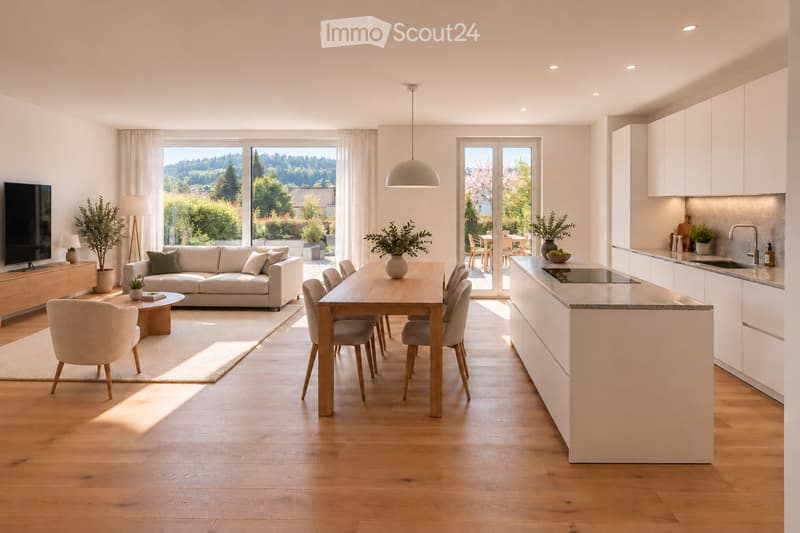 Open-plan living and dining area with a modern kitchen, large windows offering a scenic view, and contemporary furniture including a sofa, dining table, and chairs.