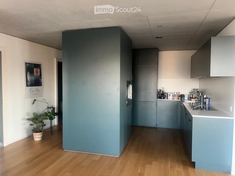Modern kitchen with light blue cabinets, white countertops, and wooden flooring. Features a refrigerator, sink, faucet, coffee maker, and a potted plant near the entrance.