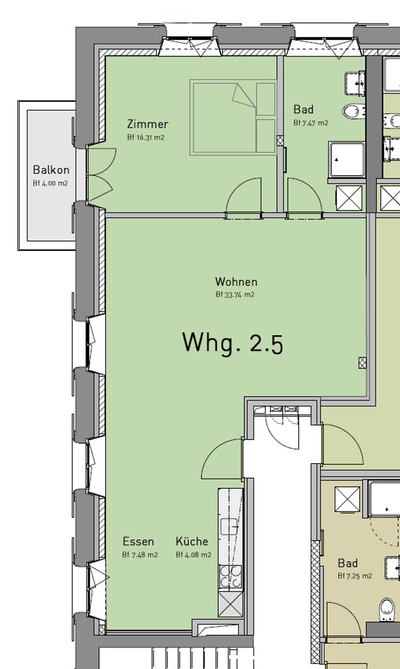 Floor plan of a 2.5-room apartment with living area, bedroom, kitchen, dining area, and two bathrooms, including a balcony.