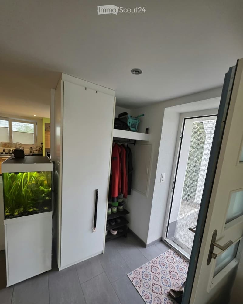 A narrow hallway with a white closet, a small shelf with shoes and coats, a fish tank, and an open door leading outside.