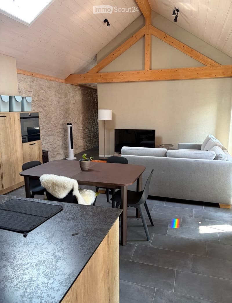 Modern, open-concept living and dining area with exposed wooden beams, grey sofa, dining table with chairs, television, floor lamp, and a small kitchen area with an oven and countertop.