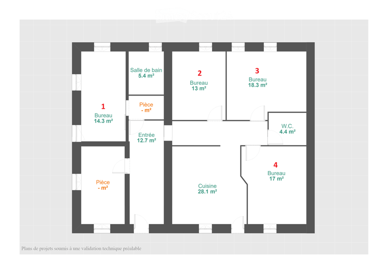 Floor plan showing a layout with four rooms: two offices, a kitchen, a bathroom, and an entrance area.