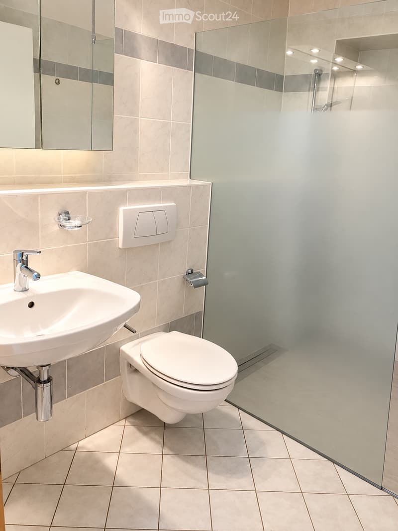 Modern bathroom with beige tiles, a white sink with a chrome faucet, a toilet, a mirrored cabinet, and a glass-enclosed shower stall.