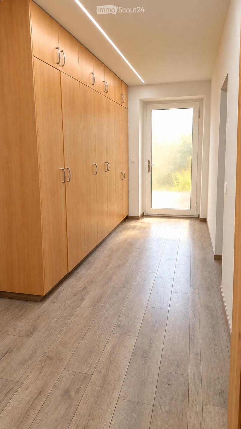 Modern hallway with light wooden flooring, built-in wooden cabinets with silver handles, and a large glass door leading outside.