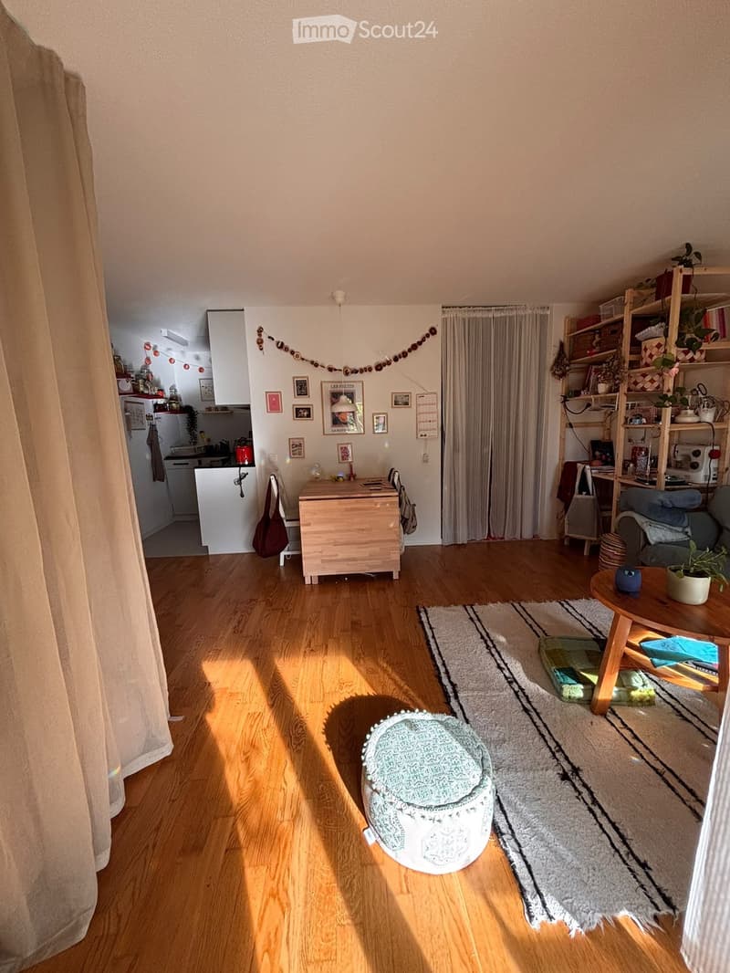 A cozy living room with wooden flooring, a sofa, coffee table, small stool, and shelves with plants and decorative items. A kitchen area is visible in the background with cabinets and a refrigerator.
