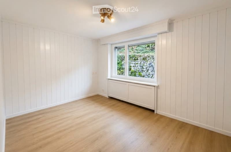 Empty room with white paneled walls, light wooden flooring, a single window with white frame, and a white radiator below the window. The ceiling has a small, modern light fixture.