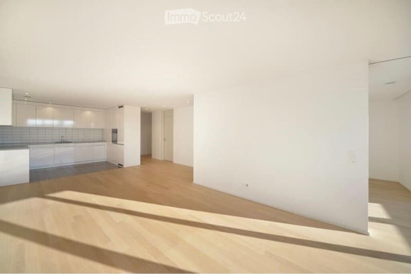 Empty room with light wooden flooring and white walls, connected to a modern kitchen area with white cabinets and stainless steel appliances.