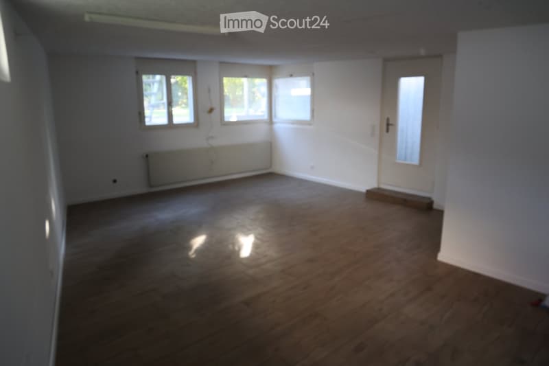 Empty room with wooden flooring, white walls, and multiple windows allowing natural light. A radiator is visible on one wall, and a door leads to another area.