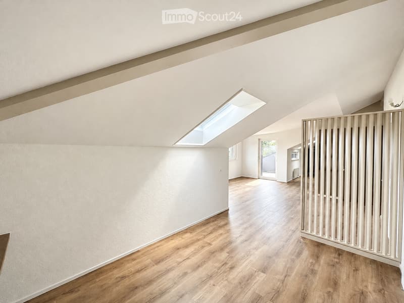 Bright, empty room with wooden flooring, white walls, and a skylight window. The space features a modern design with a white partition and a doorway leading to another room.