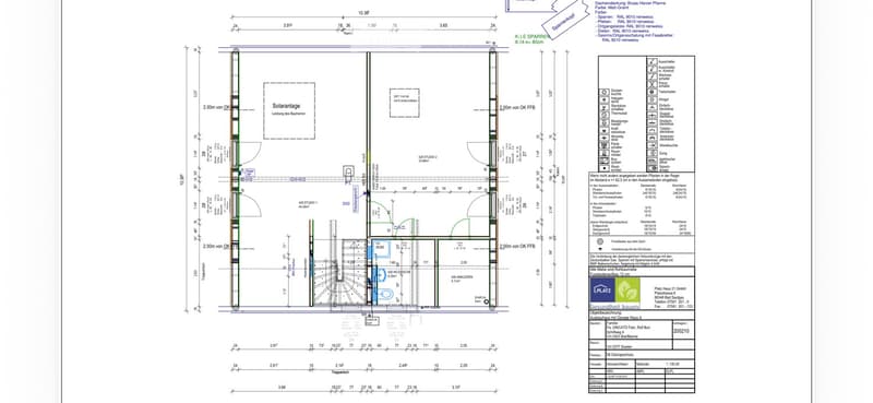 Floor plan of a multi-level building with labeled rooms including a solar system, studio spaces, and technical areas.