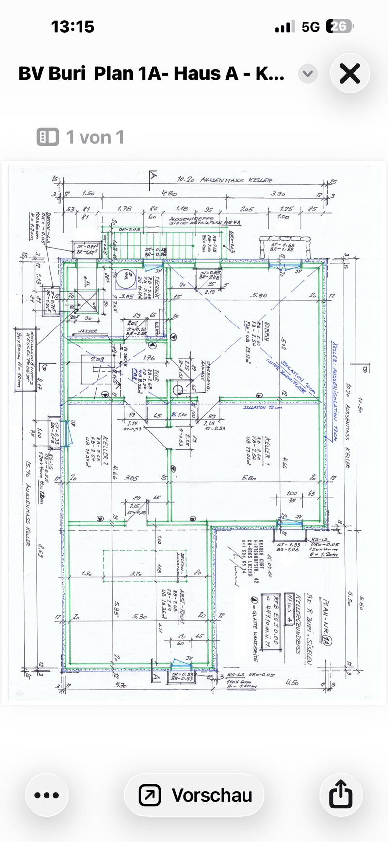 Floor plan of a house labeled "BV Buri Plan 1A- Haus A - K..." showing layout with labeled rooms and dimensions.
