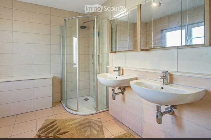 Modern bathroom with a glass-enclosed shower, two sinks, and a large mirror above them.
