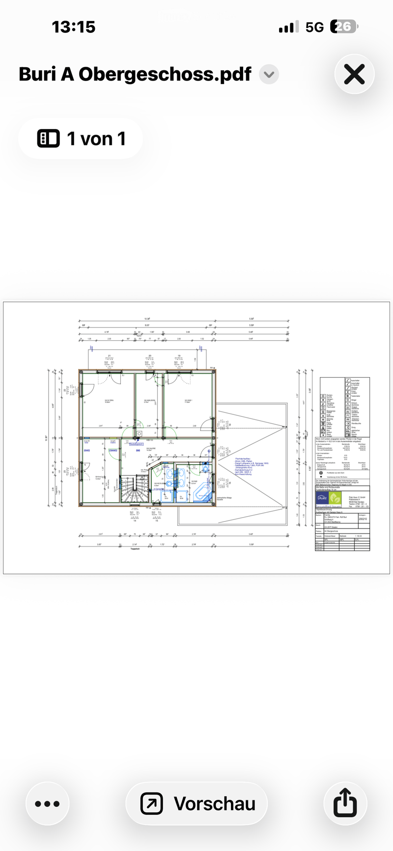 Floor plan of the upper floor showing multiple rooms including a living area, kitchen, bedrooms, and bathrooms with labeled dimensions and room numbers.