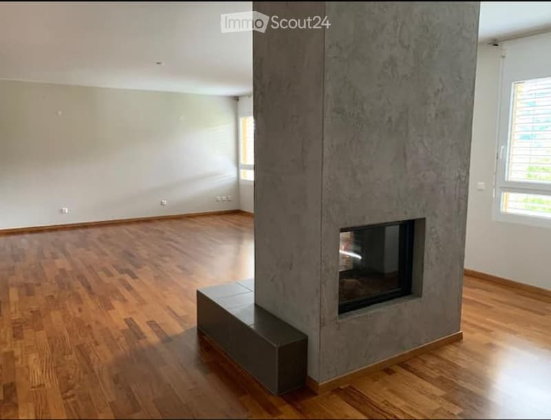 Empty room with wooden flooring, white walls, and a central concrete fireplace structure.