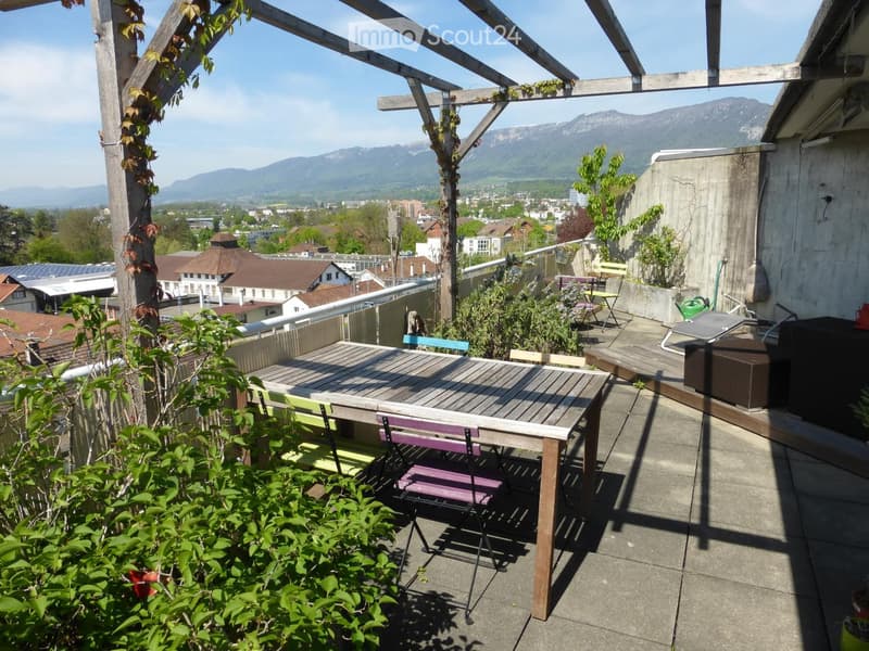 A wooden table with chairs and a stool, surrounded by plants and a garden hose, with a scenic mountain view in the background.