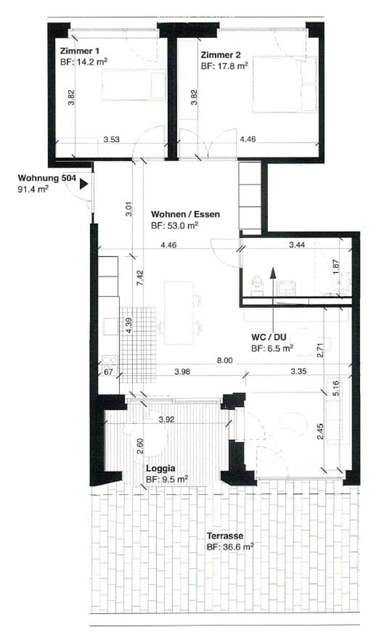 Floor plan of apartment 504, including two bedrooms, living/dining area, bathroom, loggia, and terrace.