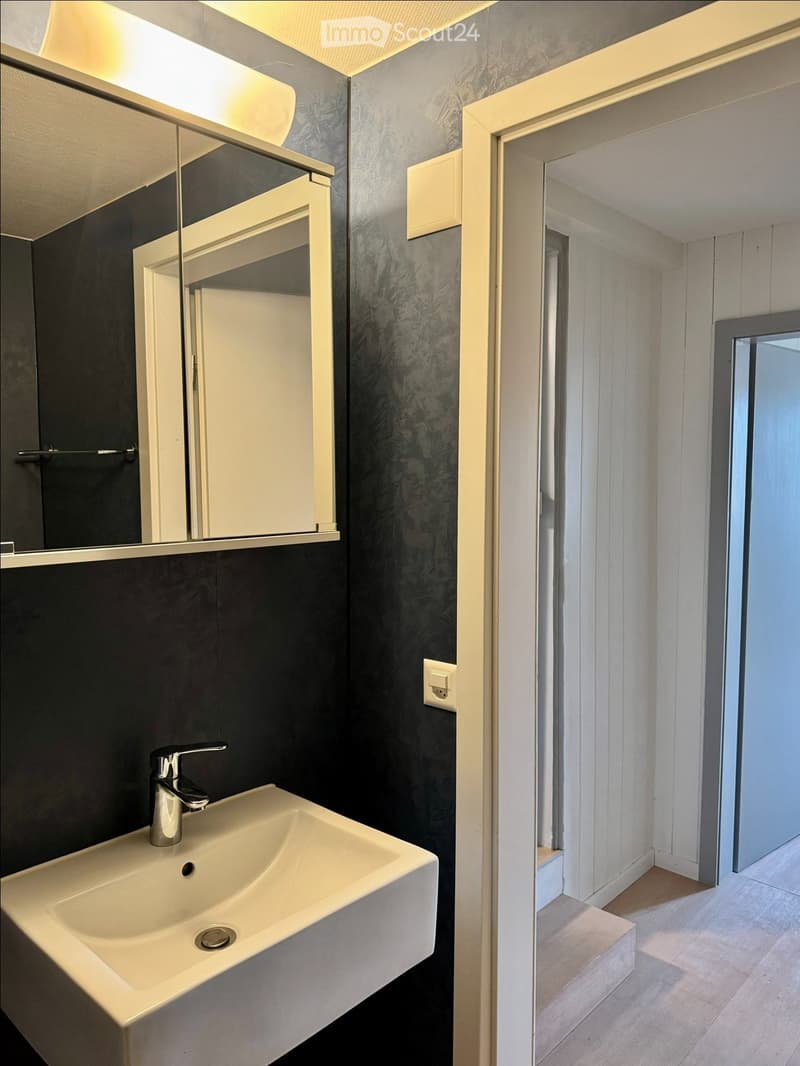 Modern bathroom with a white sink, chrome faucet, large mirror, and towel rack. Dark grey walls and light wooden flooring.