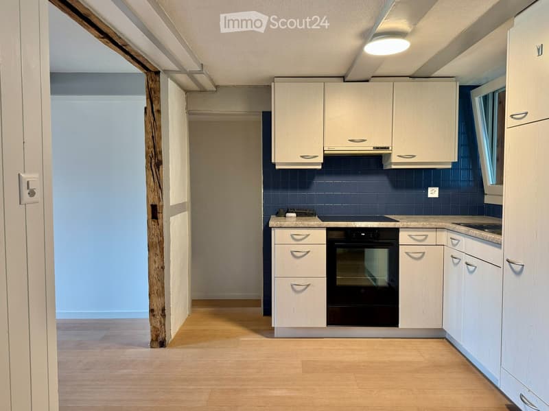 Modern kitchen with white cabinets, a black oven, and a granite countertop, featuring wooden flooring and blue tiled backsplash.